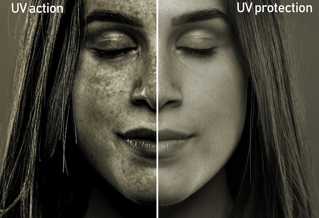 A split screen showing the results of sun rays on the soft face\
of a girl in her early twenties after effects of skin with and\
without uv protection