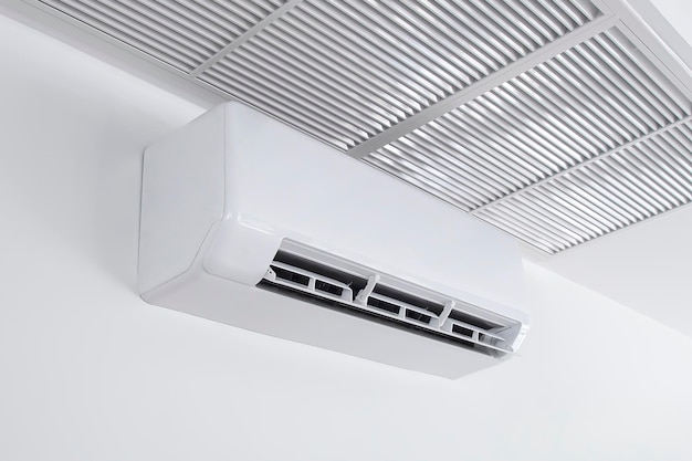 split type air conditioner wall hanging white background.