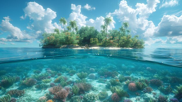 The split view of a tropical island and coral reef includes the waterline