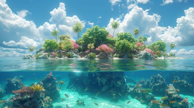 Split View Of A Tropical Island And Coral Reef