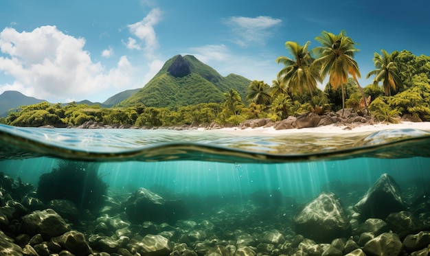 Photo split view of tropical island and underwater scene