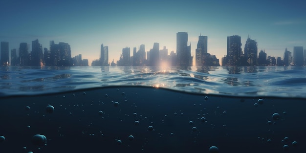 Разделенные виды на городской горизонт над и под водой с моря