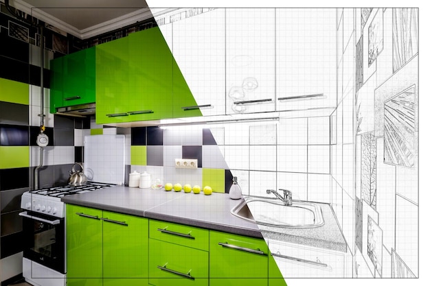 Splitscreen van tekening en foto van interieur van moderne keuken in flat appartement van idee tot uitvoering van het eindproduct