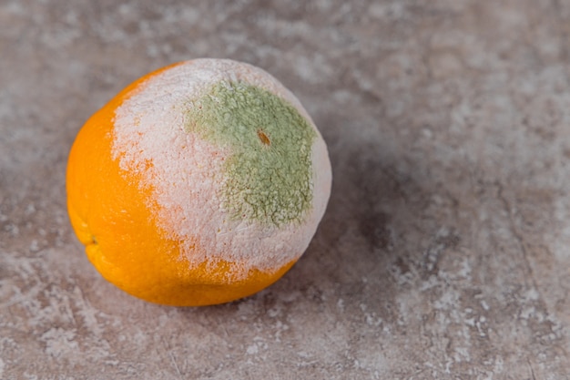 Photo spoiled orange with white and green mold on table.