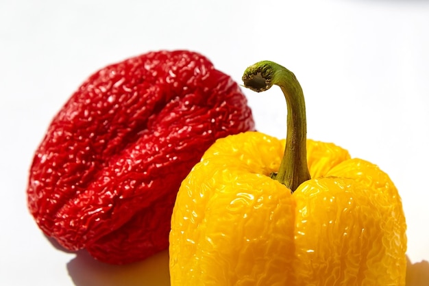 Spoiled wrinkled red and yellow peppers on white background