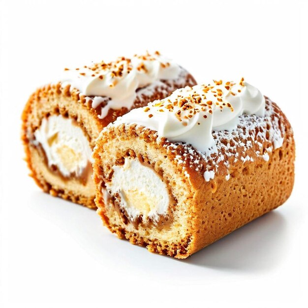 Sponge cake roll geïsoleerd op witte achtergrond zwitserse roll met vanille crème gesneden biscuit roll wi