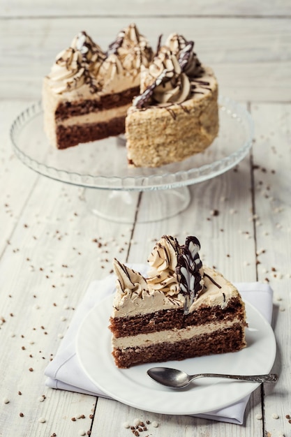 Sponge cake with cream decorated by meringue and chocolate