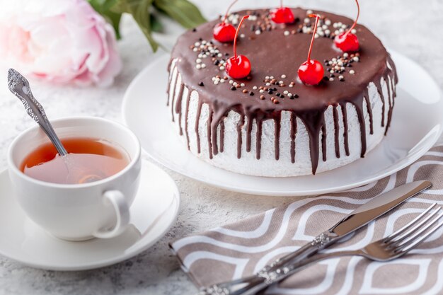 Sponge cake with cream lies on plate. 