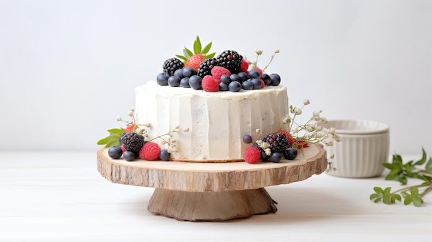 Sponge cake with strawberries blueberries and vanilla cream on a wooden stand
