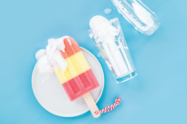 Sponge in the form of ice cream and glass on soapy foam background. Washing dishes concept. Flat lay, Top view.