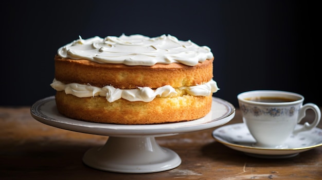 Sponge layer cake with buttercream icing on a cakestand