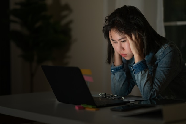 Spontaan van jonge Aziatische enige vrouwelijke studenten werken de late nacht spanning uit met het probleem van het projectonderzoek op computerlaptop of notitieboekje thuis kantoor. Aziatische mensen beroeps burnout syndroom concept.