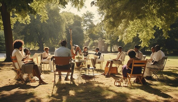 Foto spontane bijeenkomst in een stadspark waar vreemden verhalen en citaten van mlk delen