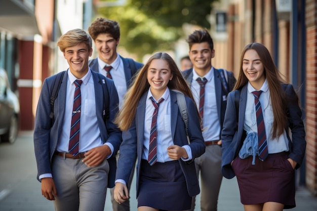 Spontane opname van een groep vrienden die samen naar de ingang van de school loopt Generatieve AI