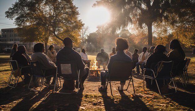 Photo spontaneous gathering at a city park where strangers share stories and quotes from mlk