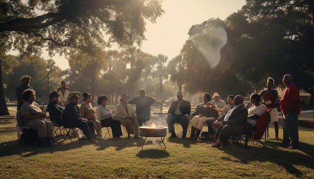 Photo spontaneous gathering at a city park where strangers share stories and quotes from mlk