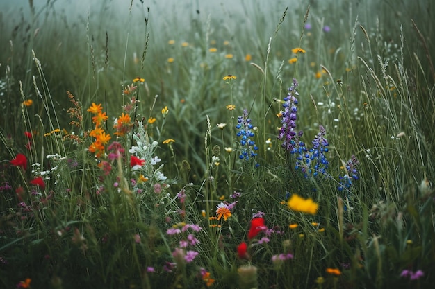 自然の真ん中に自発的な草と野生の花