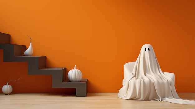 Spook zit in de stoel naast een trap versierd met witte pompoenen. Gemaakt met generatieve AI-technologie