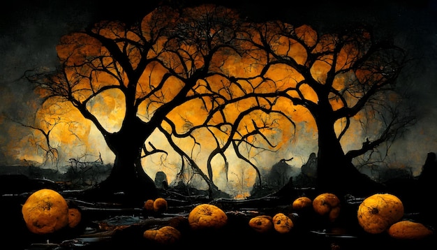 Spookachtig halloween-bos met enge zwarte bomen en pompoenen op de grond, door neurale netwerken gegenereerde kunst