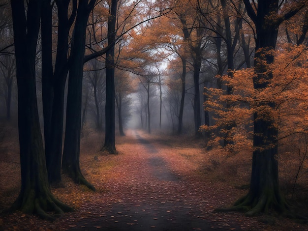 Spookachtig herfstbos donker mysterie in verlaten landelijke scène ai gegenereerd