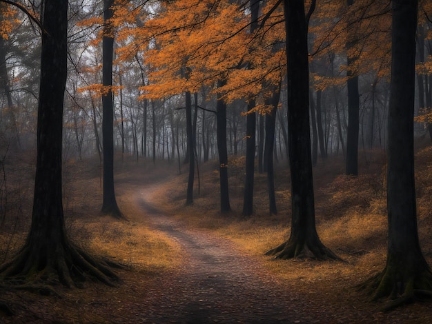 Spookachtig herfstbos donker mysterie in verlaten landelijke scène ai gegenereerd