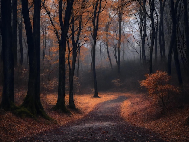 Spookachtig herfstbos donker mysterie in verlaten landelijke scène ai gegenereerd