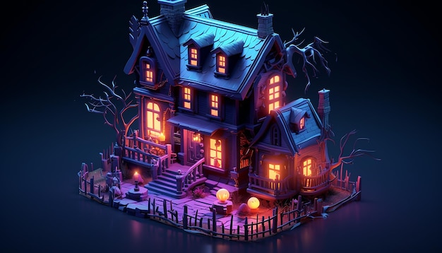 Spookachtig huis 3d isometrisch C4D dromerig kleurenpalet Cyberpunk Art-stijl Episch detail