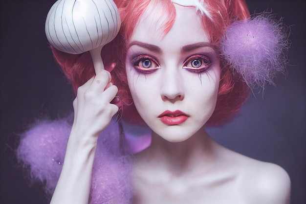 Spookachtig portret bleek-witte humanoïde van een vrouw met lichtblond en roze haar in Halloween-make-up