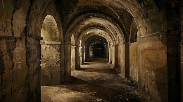 Spookachtige catacombes gevuld met oude graven en angstaanjagende fluisteren Begraafplaatsen geesten paranormale schedels botten stof vochtigheid geen ziel ondergrondse structuur mystiek angst Generatief door AI