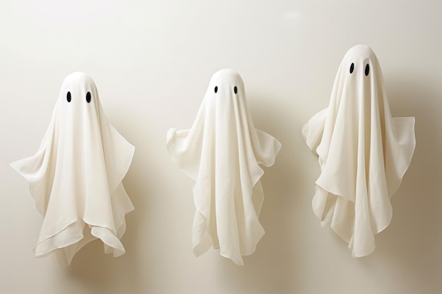 Spookachtige geesten met lachende gezichten op abstracte achtergrond Leuke spookmonsters voor Halloween