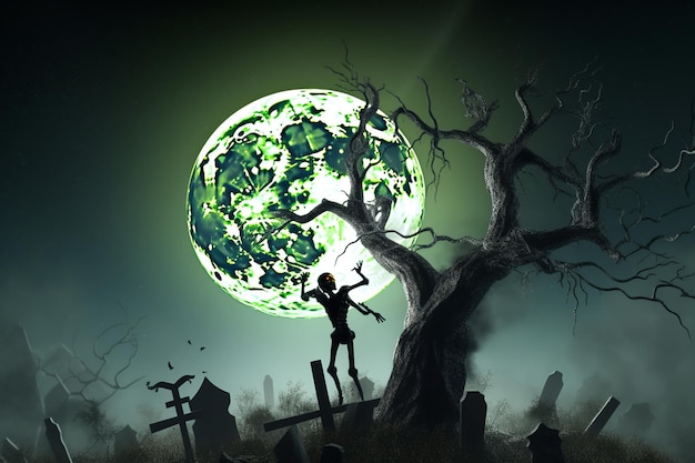 Spookachtige Halloween-achtergrond met pompoenen op een kerkhof op een huiveringwekkende nacht