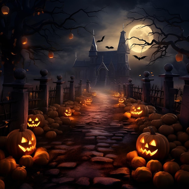 Spookachtige Halloween-scène met pompoenen en graf Maanverlichte achtergrond wenskaart of feestuitnodiging