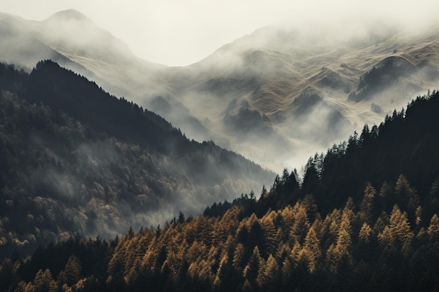 Spookachtige herfstbergen bedekt met mist die een mysterieuze en griezelige sfeer creëren