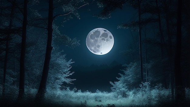 Spookachtige nacht bos achtergrond met volle maan
