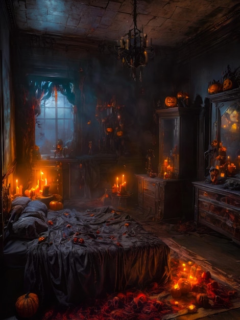 Foto spookachtige slaapkamer met spookachtige halloween