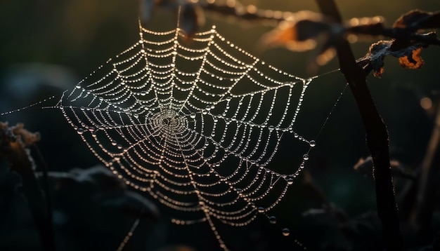 Spookachtige spin spint glanzende webdauwdruppels op natuurschoon gegenereerd door AI