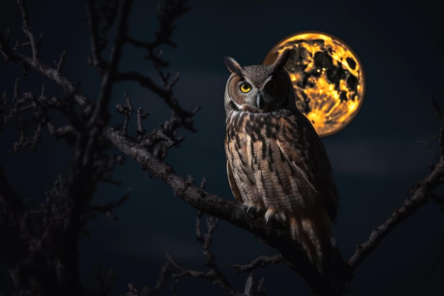 Foto spookachtige uil zittend op een boomtak 's nachts