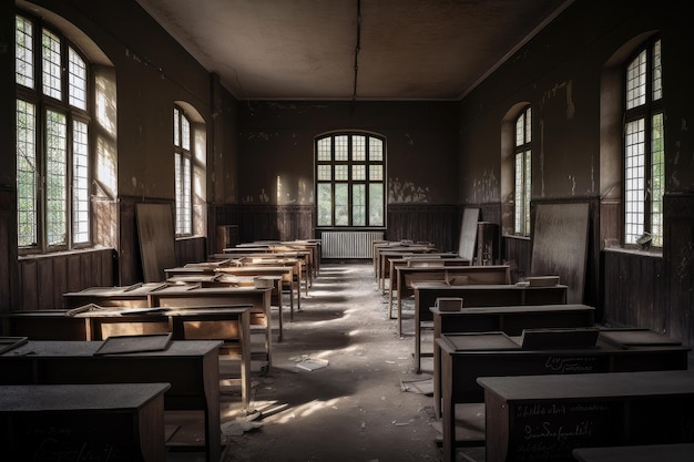 Spookachtige verlaten school met bureaus die nog steeds in ordelijke rijen staan en schoolborden klaar voor lessen