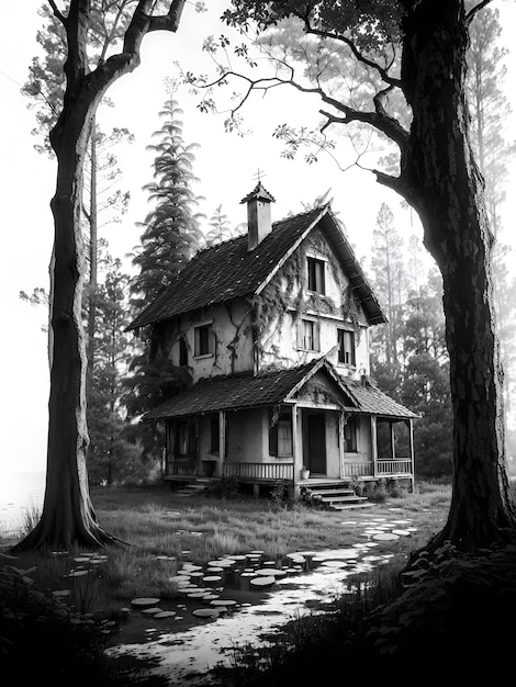 Spookhuis in griezelige bosillustratie