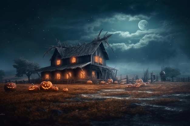 Spookhuis op halloween-vieringsconcept Griezelig huis met verlaten gebouw en pompoen