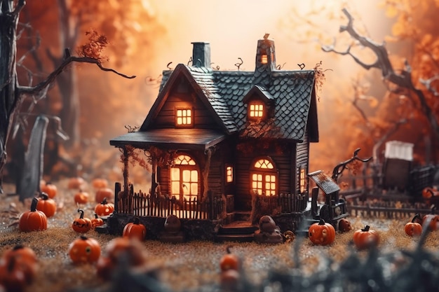 Spookhuis op halloween-vieringsconcept Griezelig huis met verlaten gebouw en pompoen