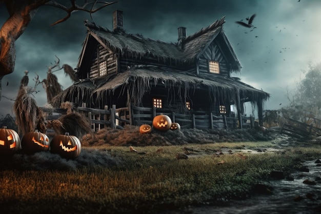 Spookhuis op halloween-vieringsconcept Griezelig huis met verlaten gebouw en pompoen