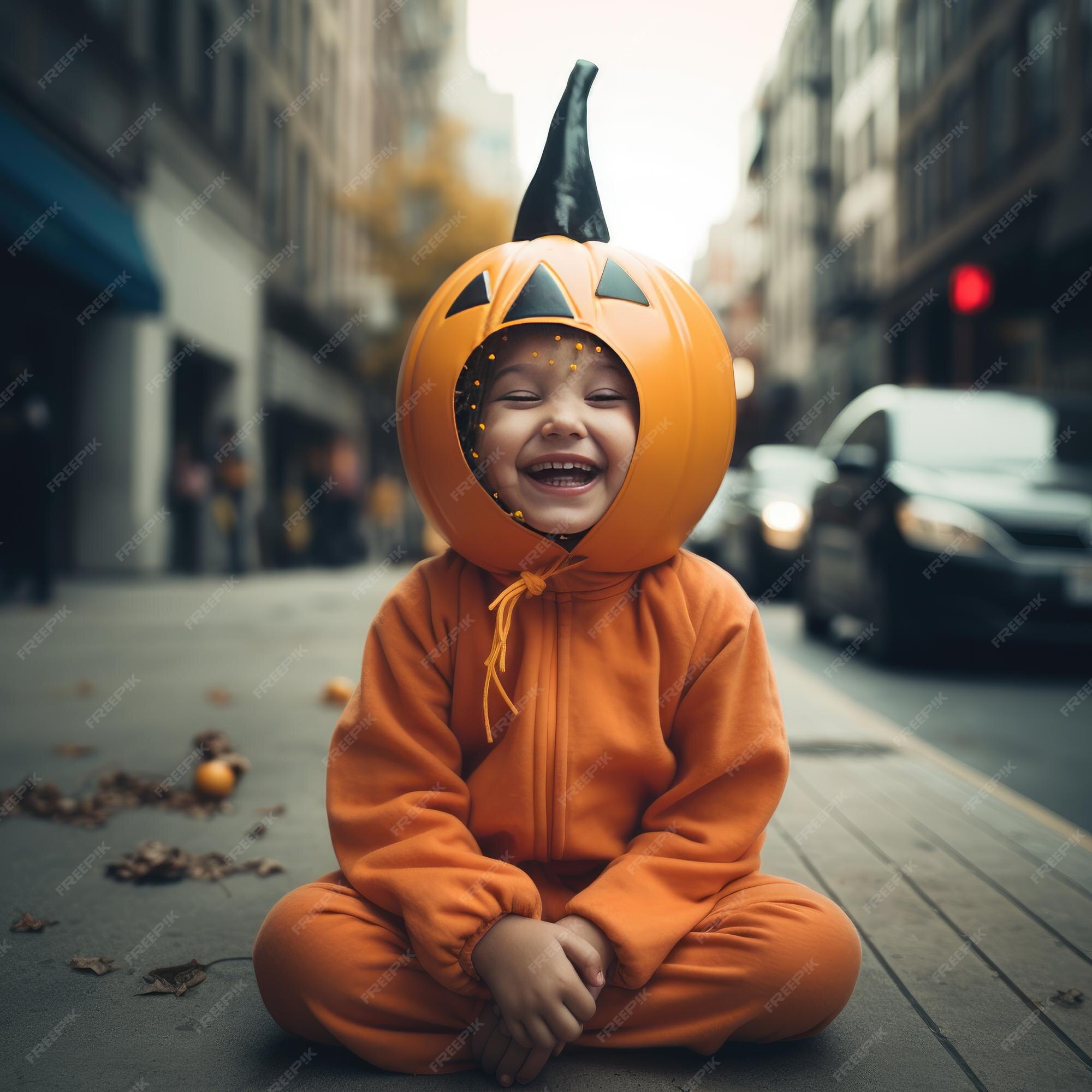 Premium AI Image  Spooktacular Smiles NYC Halloween Photo Featuring a Happy Pumpkin Girl