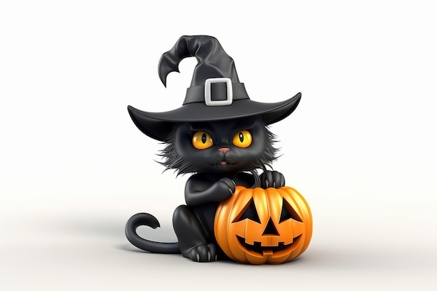 Spooky 3d cartoon kat in een heksenhoed en pompoen op witte achtergrond Leuke Halloween illustratie