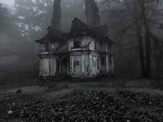 Photo spooky abandoned house in a foggy forest haunted cottage in a misty woodland eerie abandoned building surrounded by foggy trees ai generative