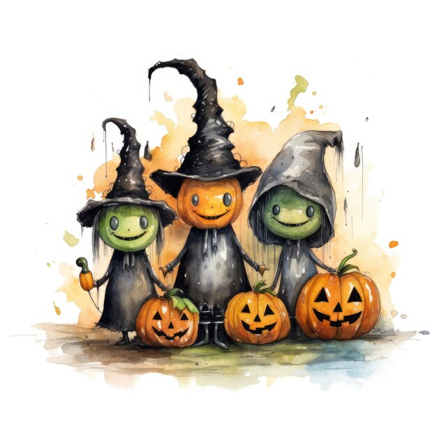 The Spooky Adventures Delightful Halloween Characters in Watercolor
