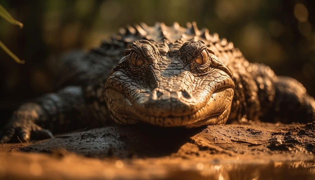 Жуткий аллигатор ползает по влажным тропическим болотам, созданным искусственным интеллектом