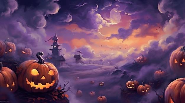 Spooky Allure Pumpkins Amidst Violet Mystique