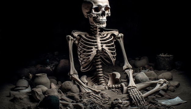 写真 人間の頭蓋骨と動物の骨格を黒い背景で作成した恐ろしい解剖学