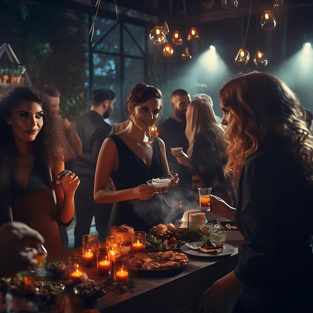 A spooky atmosphere at a Halloween party guests are dressed up for the occasion drinking cocktails